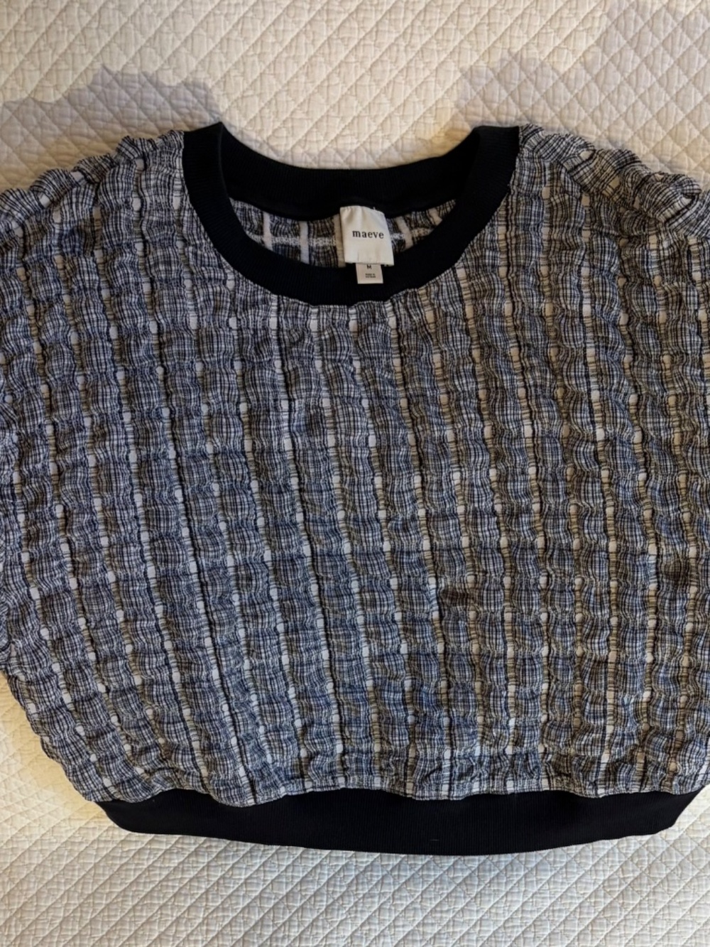 Maeve Black & White Textured Short Sleeve Shirt Sz M - Picture 2 of 4